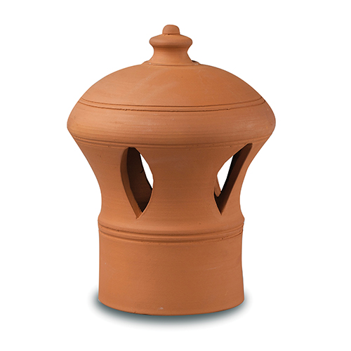 Clay chimney cap with elegant design and terracotta finish.