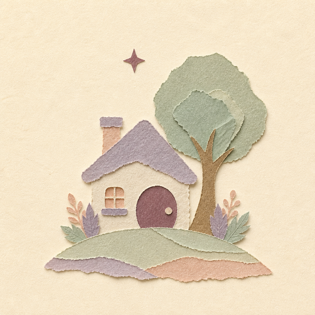 Storybook collage style — cottage and tree comparison scene