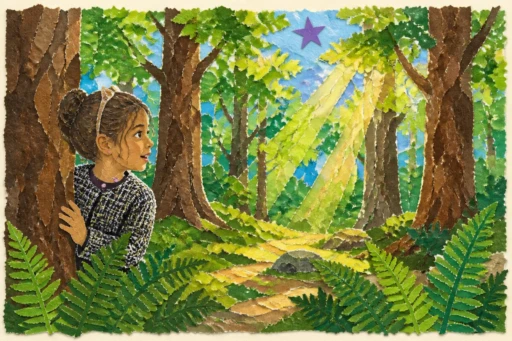 Storybook Collage art style — child peeking into a sunlit forest