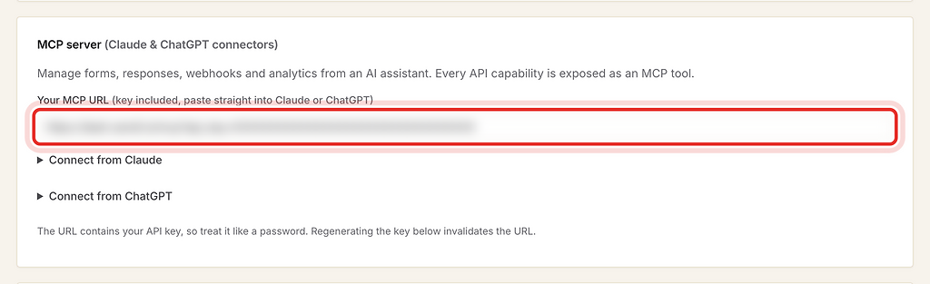 Your MCP URL box, blurred, highlighted with a red ring.