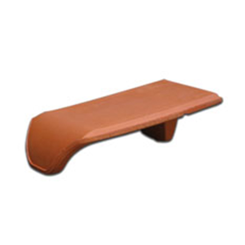 Clay roof tile with curved design for hip ridge application.