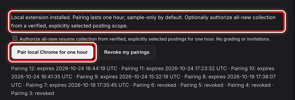 Local extension installed message and Pair button, highlighted with a red ring.