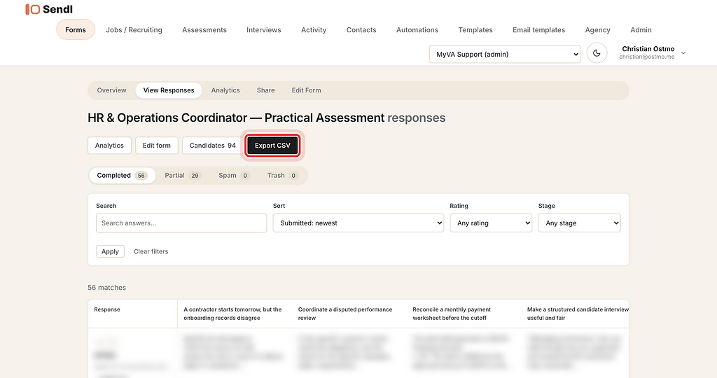 Export CSV button on the Responses page, highlighted with a red ring.