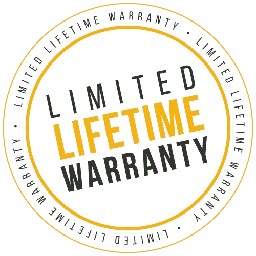 Yellow and black limited lifetime warranty badge with circular text.