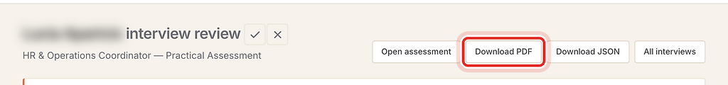Download PDF button on the interview review page, highlighted with a red ring.