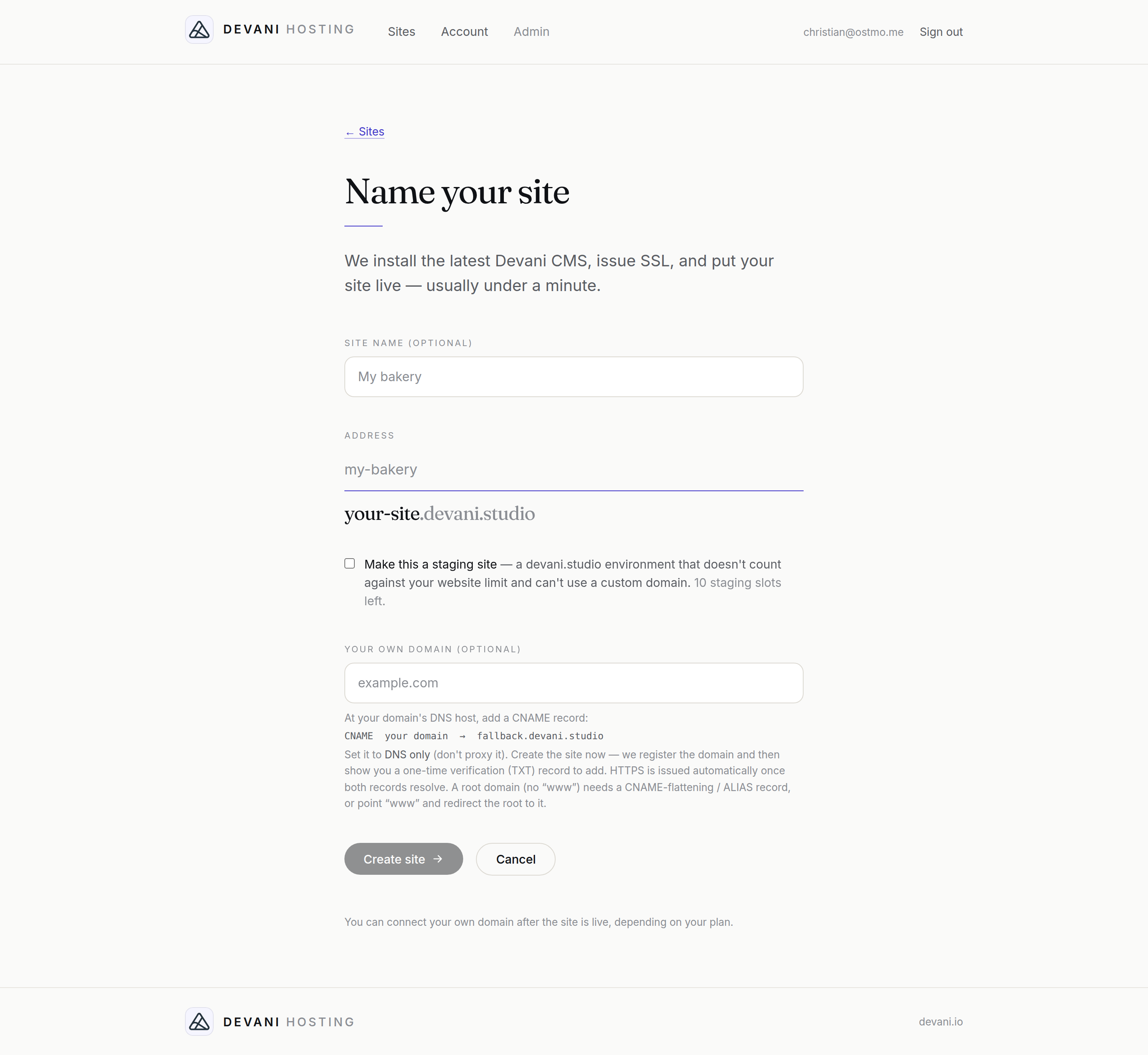 The create-a-site form