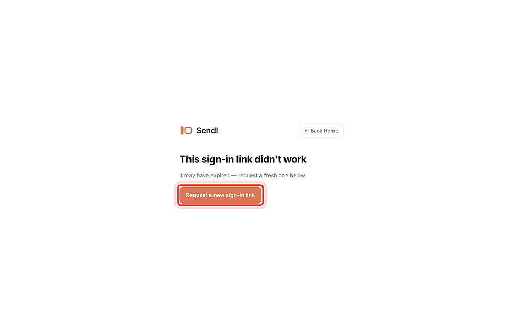 Request a new sign-in link button on the expired link page, highlighted with a red ring.
