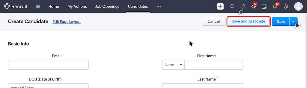 The Create Candidate form with the Save and Associate button, highlighted with a red ring.