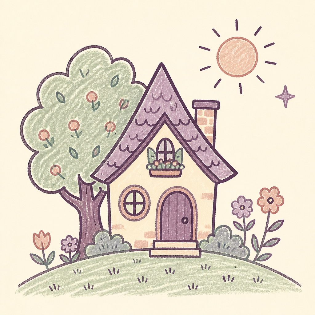 Crayon and marker style — cottage and tree comparison scene
