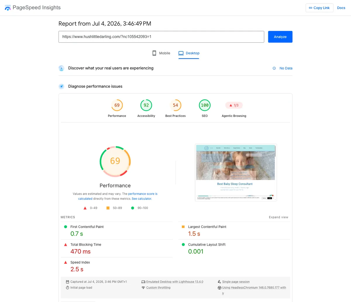 Screenshot of PageSpeed Insights desktop report for a Wix site showing a performance score of 69
