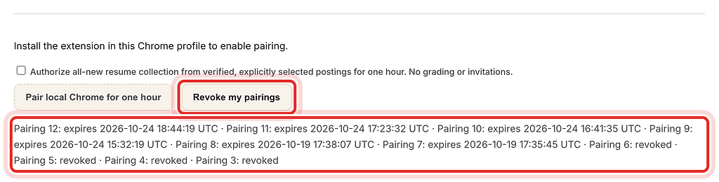 Revoke my pairings button and pairing list, highlighted with a red ring.