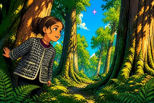 Storybook Comic art style — child peeking into a sunlit forest