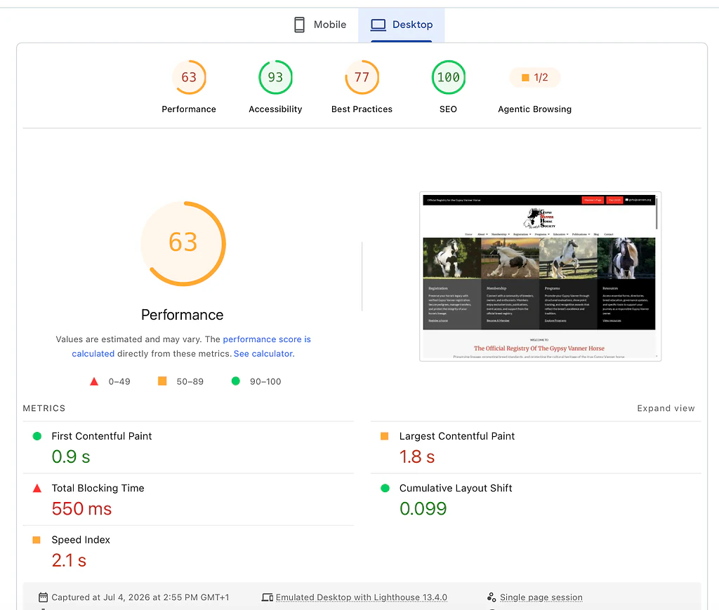 Screenshot of PageSpeed Insights desktop report for a WordPress site showing a performance score of 63