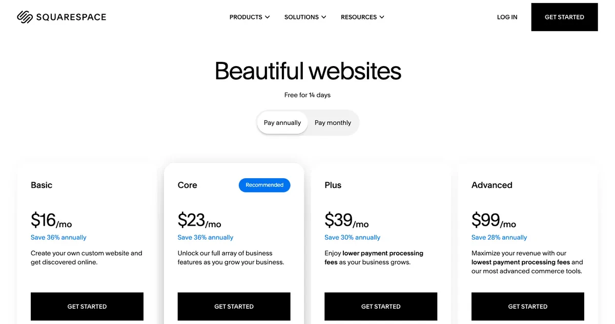 Screenshot of Squarespace pricing page listing Basic, Core, Plus, and Advanced plans with monthly USD pricing billed annually