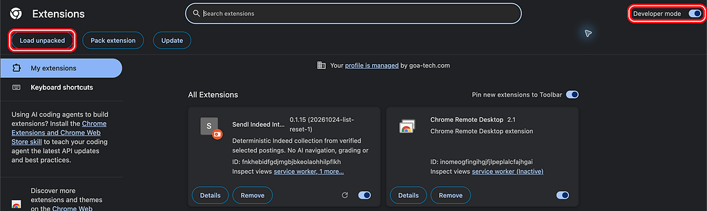 Developer mode toggle and Load unpacked button, highlighted with a red ring.