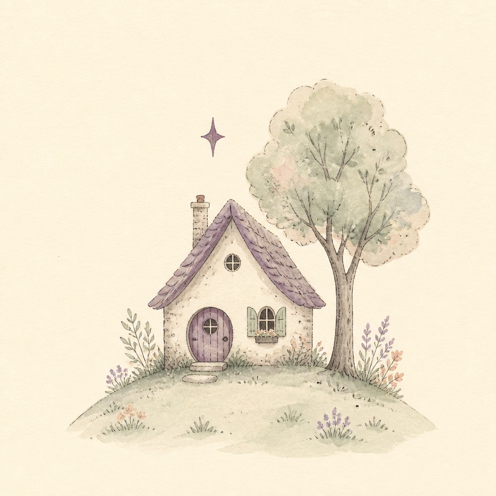 Watercolor and ink style — cottage and tree comparison scene