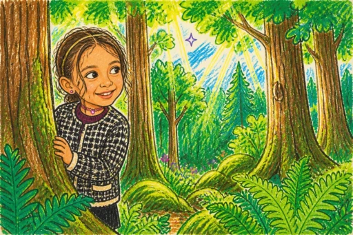 Crayon and Marker art style — child peeking into a sunlit forest