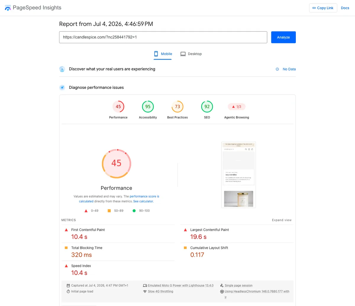 Shopify store mobile PageSpeed Insights lab report showing a 45 performance score