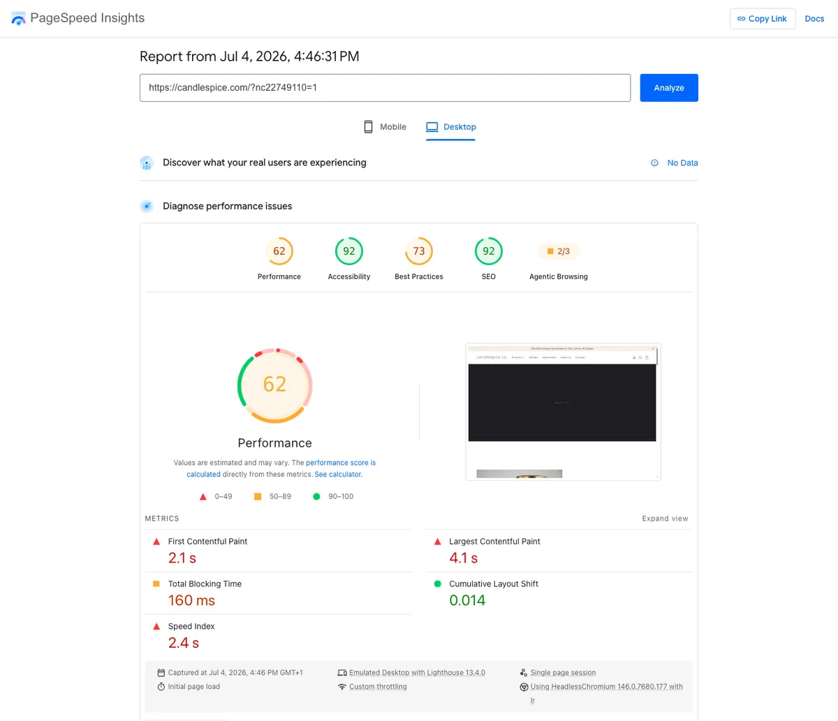 Shopify store desktop PageSpeed Insights lab report showing a 62 performance score