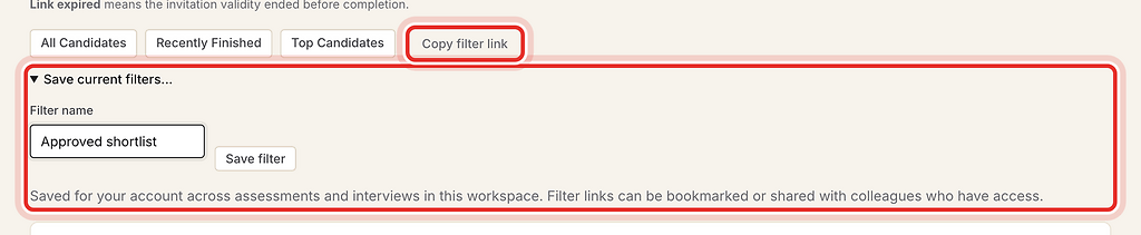 Save current filters form and Copy filter link button, highlighted with a red ring.