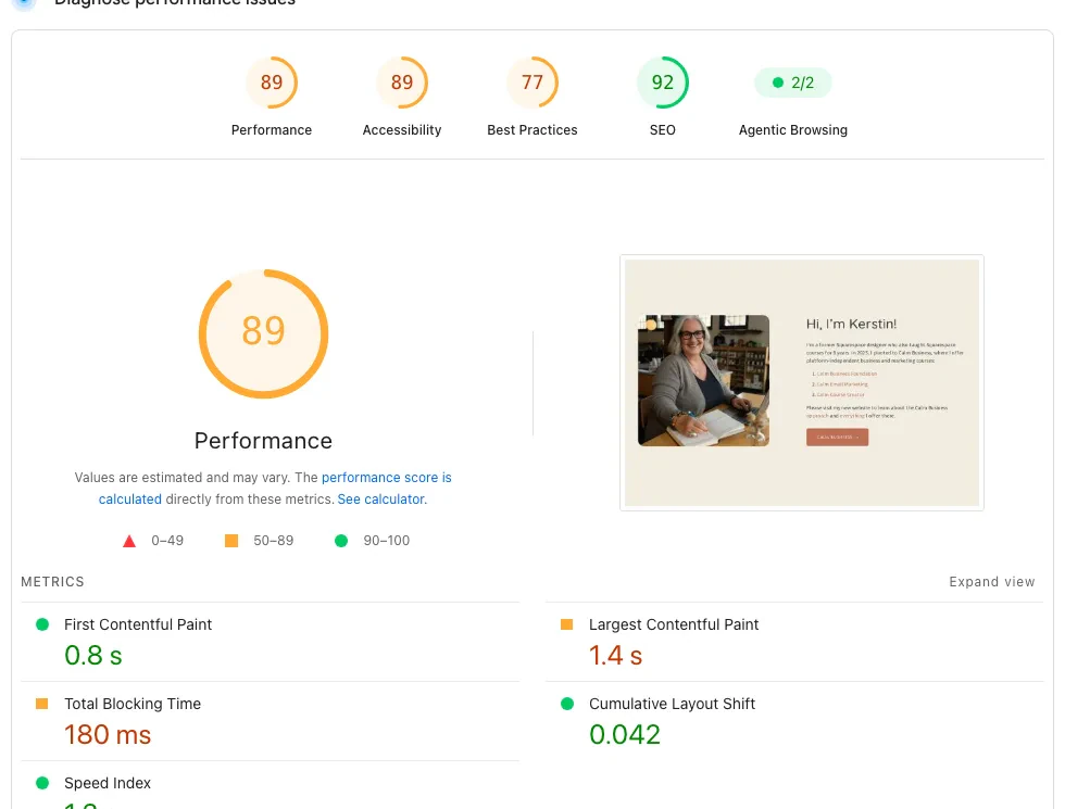 Screenshot of PageSpeed Insights desktop report for a Squarespace site showing a performance score of 89