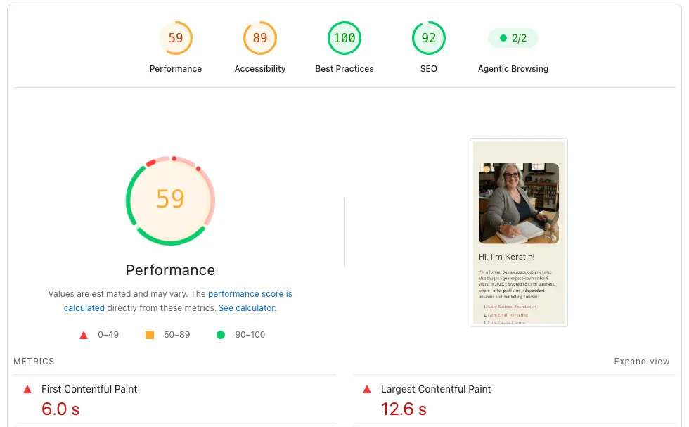 Screenshot of PageSpeed Insights mobile report for a Squarespace site showing a performance score of 59