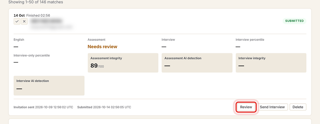 Review button on a candidate card, highlighted with a red ring.