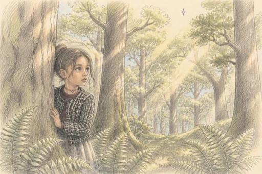 Pencil Sketch art style — child peeking into a sunlit forest
