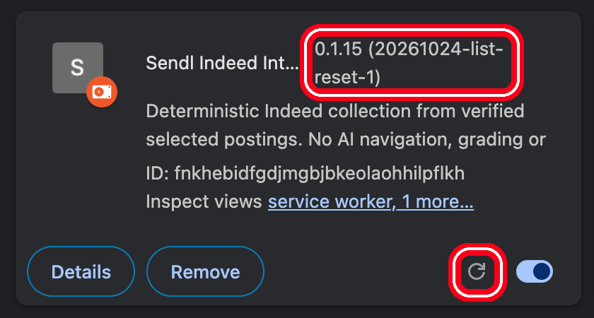 Extension card version 0.1.15 and reload icon, highlighted with a red ring.