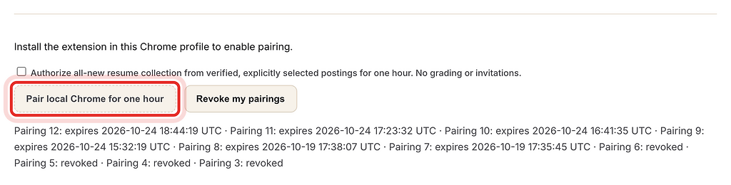 Pair local Chrome for one hour button, highlighted with a red ring.