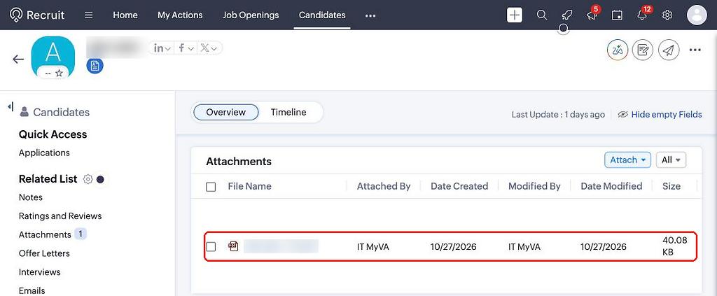 The candidate's CV under Attachments in Recruit, highlighted with a red ring.