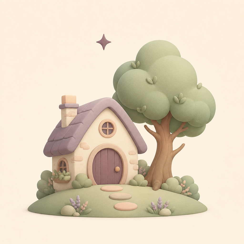 Soft cartoon style — cottage and tree comparison scene