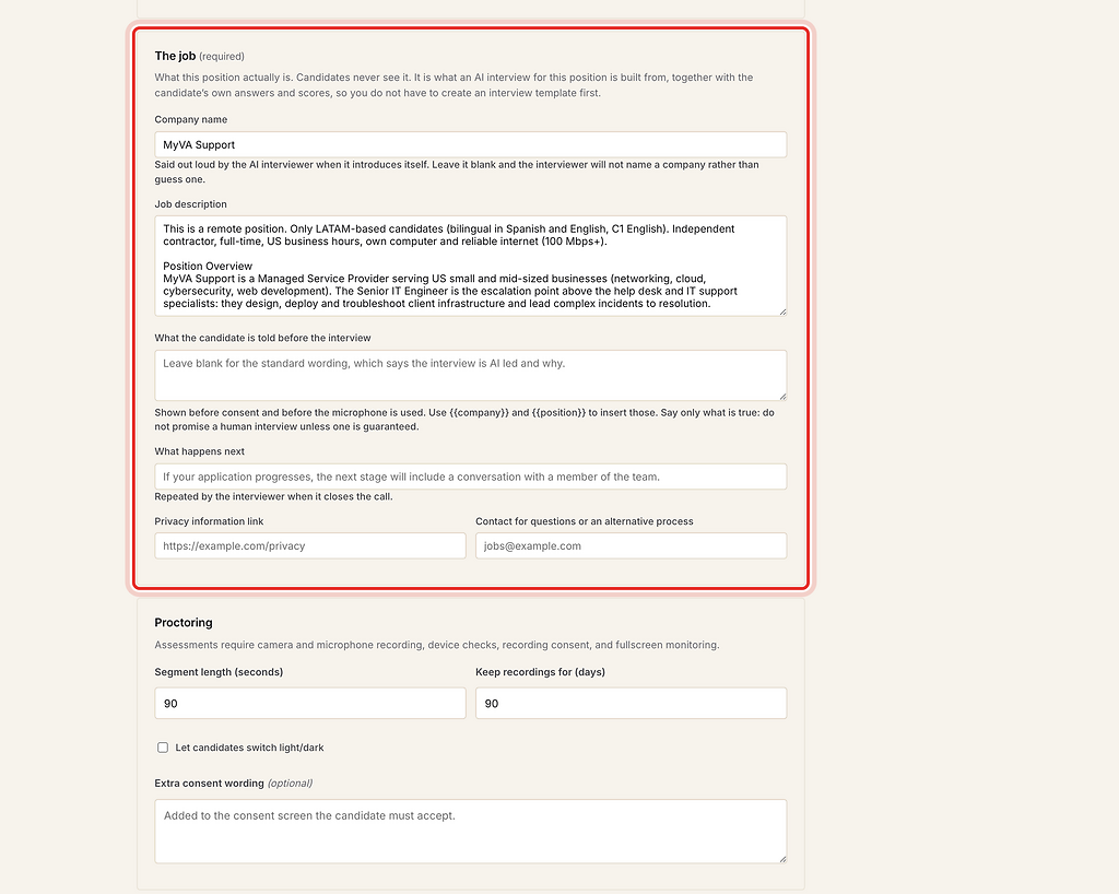 The job section with company name and job description, highlighted with a red ring.
