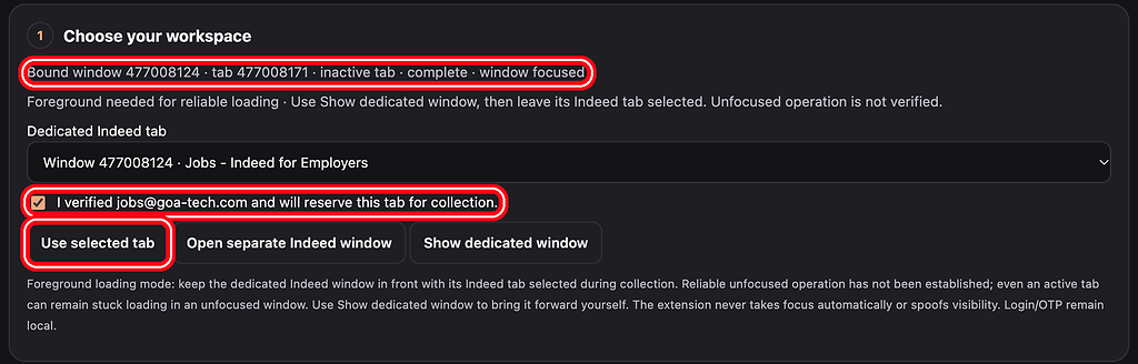 Bound status, jobs@goa-tech.com checkbox and Use selected tab, highlighted with a red ring.
