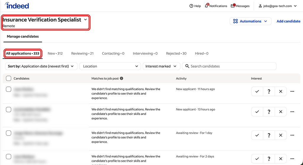 Indeed candidate list the extension pages through, highlighted with a red ring.