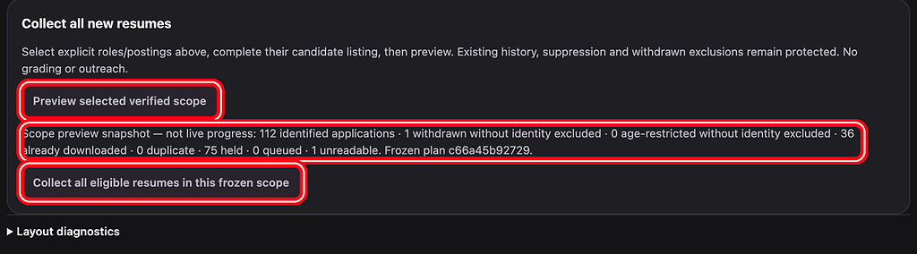 Preview selected verified scope, the scope snapshot and Collect all eligible resumes in this frozen scope, highlighted with a red ring.
