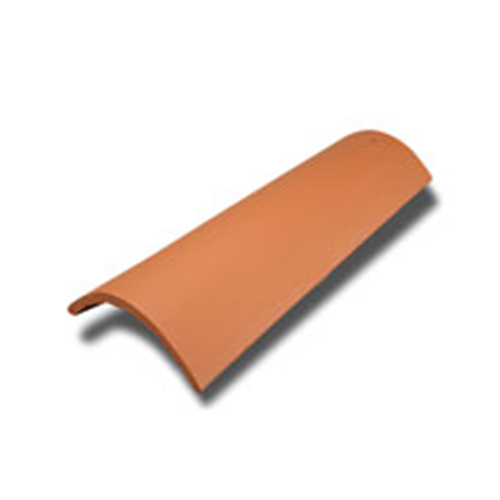 Terra cotta clay roof tile with a curved design, ideal for hip and ridge installations.