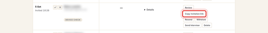 Copy invitation link button on a candidate row, highlighted with a red ring.