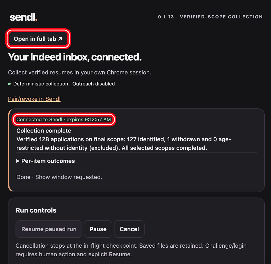 Open in full tab and Connected to Sendl status, highlighted with a red ring.