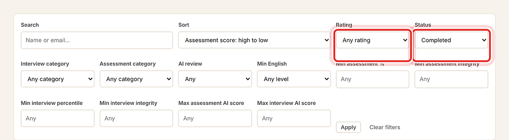 Rating and Status filters, highlighted with a red ring.