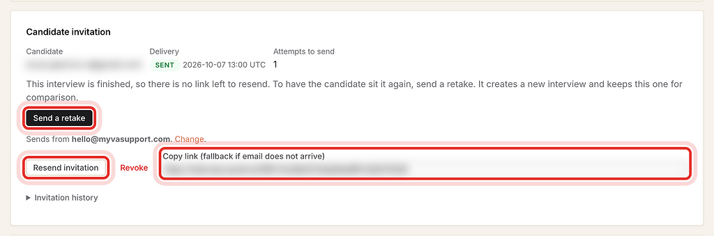 Send a retake, Resend invitation and Copy link, highlighted with a red ring.