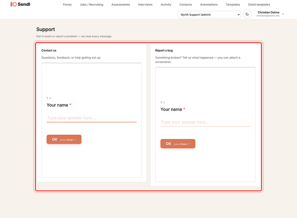 Contact us and Report a bug forms on the Support page, highlighted with a red ring.