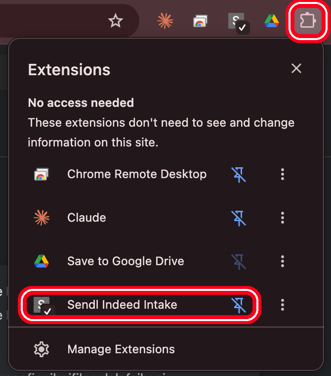 Extensions menu with Sendl Indeed Intake and its pin, highlighted with a red ring.