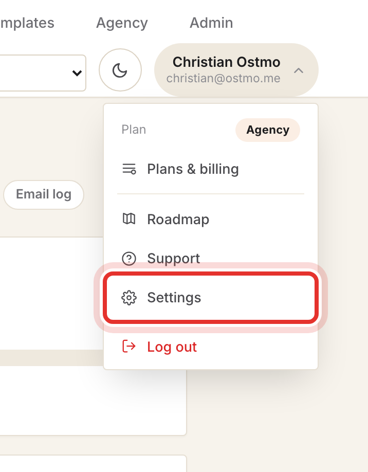 Settings item in the account menu, highlighted with a red ring.