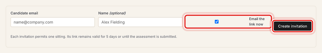 Email the link now checkbox and Create invitation button, highlighted with a red ring.