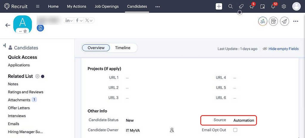 A Sendl-created candidate in Recruit with Source Automation, highlighted with a red ring.