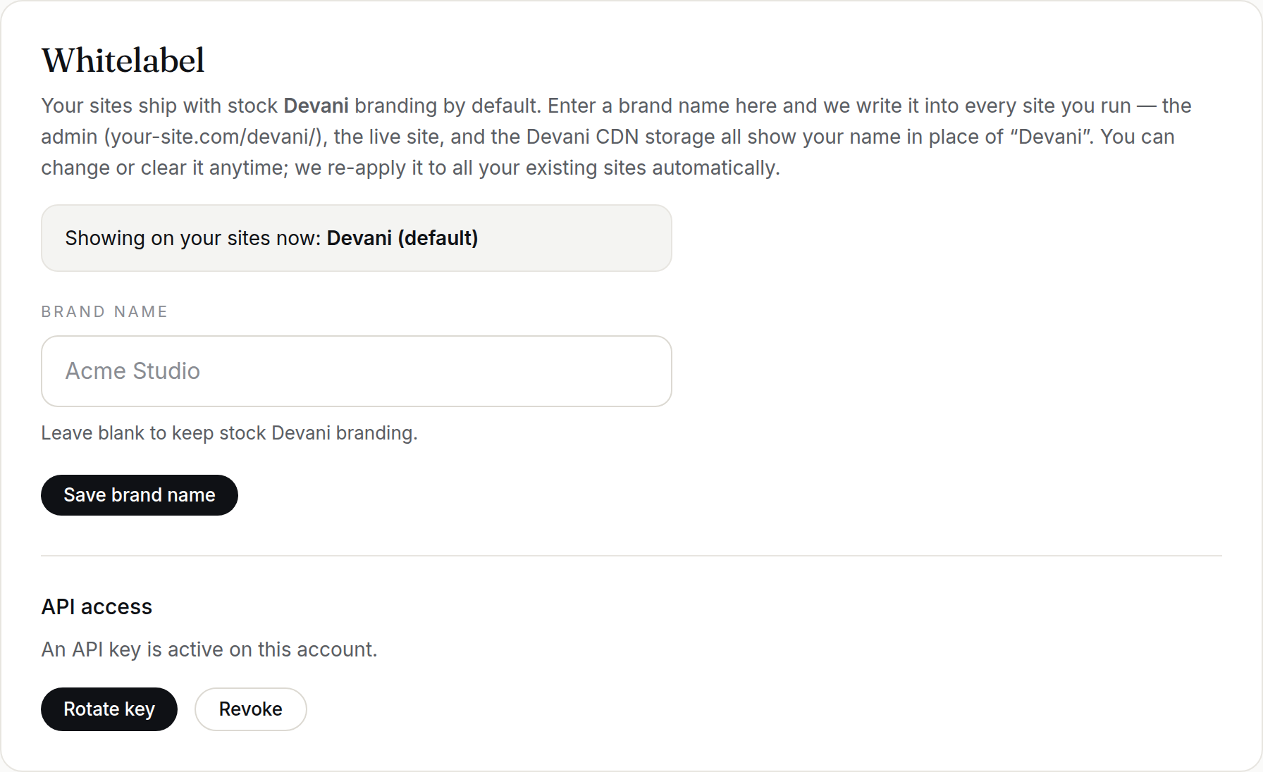 The Whitelabel section of the account page, showing API access with Rotate key