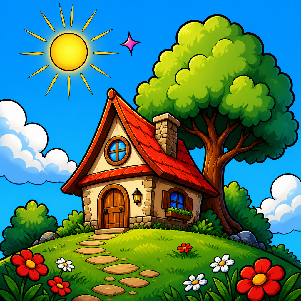 Storybook comic style — cottage and tree comparison scene