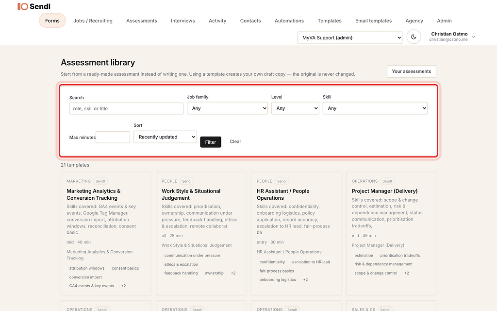 Assessment library filters, highlighted with a red ring.
