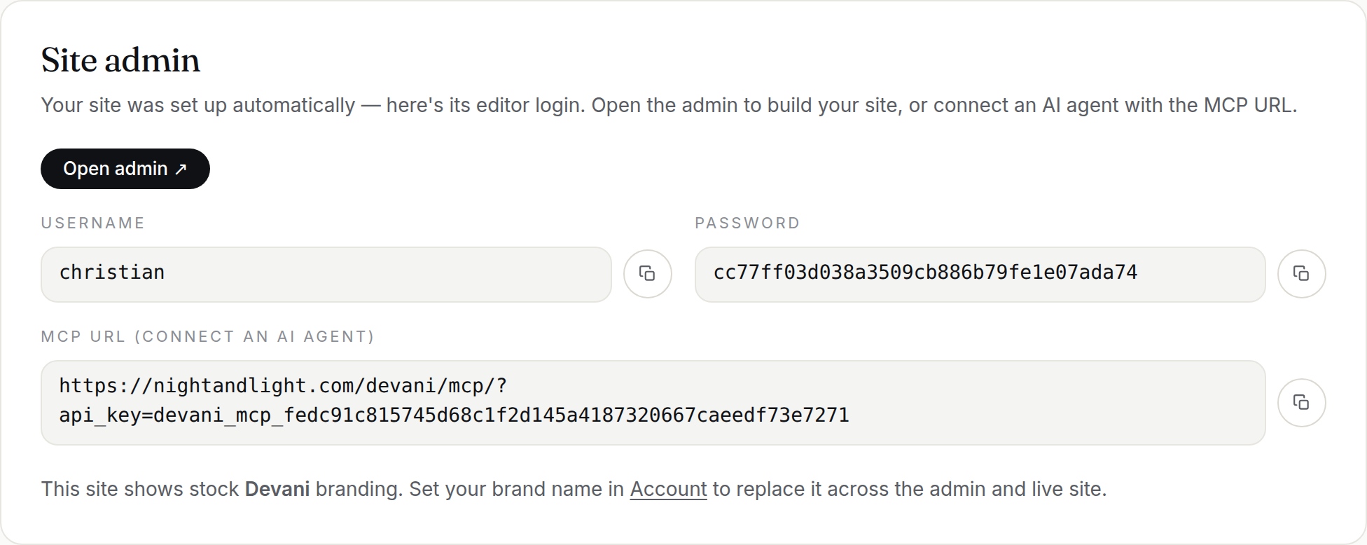 A site's admin card showing the per-site MCP URL